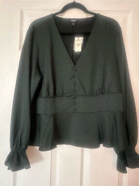 Express Women's Dark Green V-Neck Peplum Blouse XL